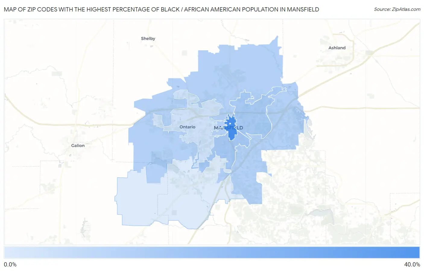 Zip Codes with the Highest Percentage of Black / African American Population in Mansfield Map