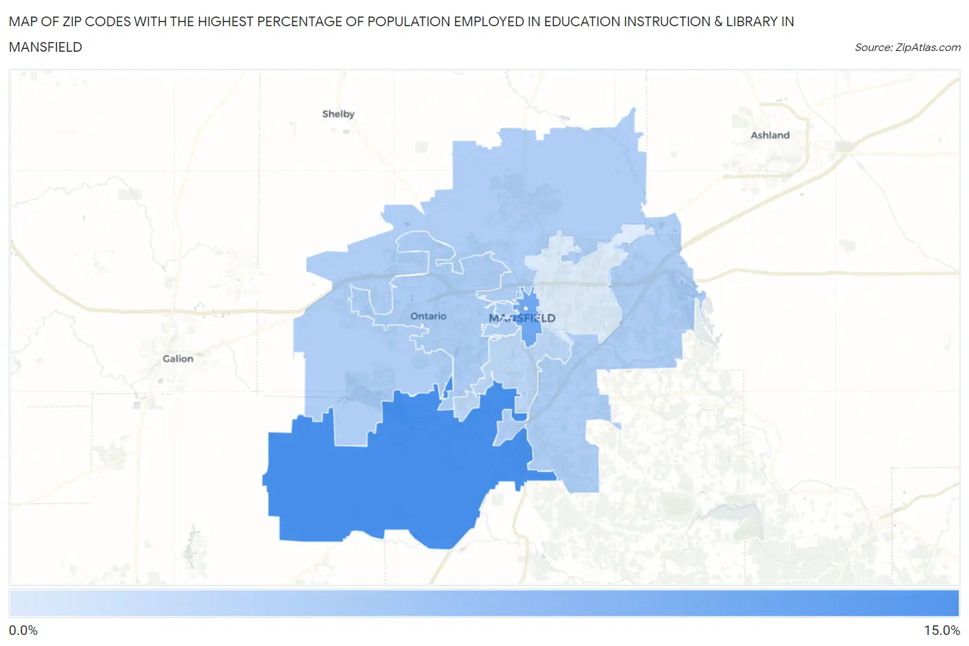 Zip Codes with the Highest Percentage of Population Employed in Education Instruction & Library in Mansfield Map