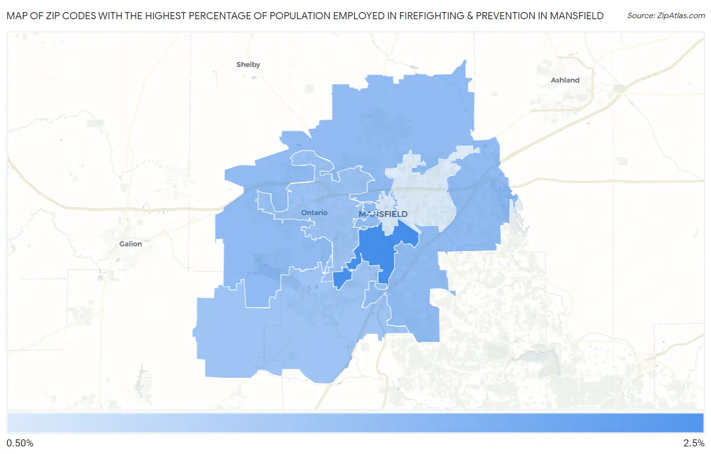 Zip Codes with the Highest Percentage of Population Employed in Firefighting & Prevention in Mansfield Map