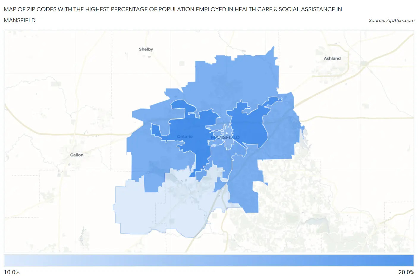 Zip Codes with the Highest Percentage of Population Employed in Health Care & Social Assistance in Mansfield Map