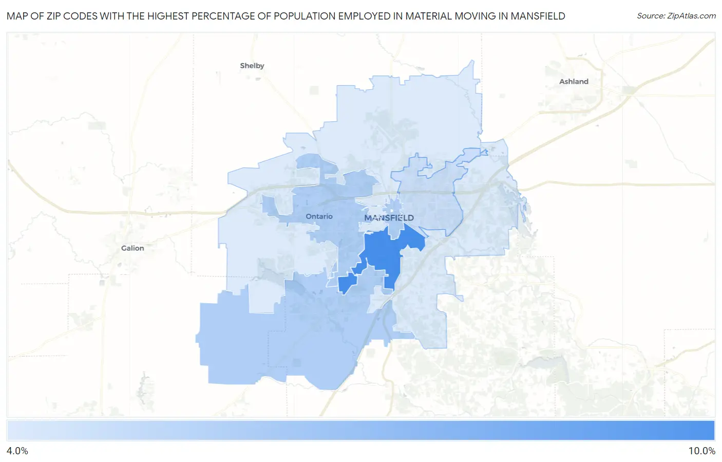 Zip Codes with the Highest Percentage of Population Employed in Material Moving in Mansfield Map