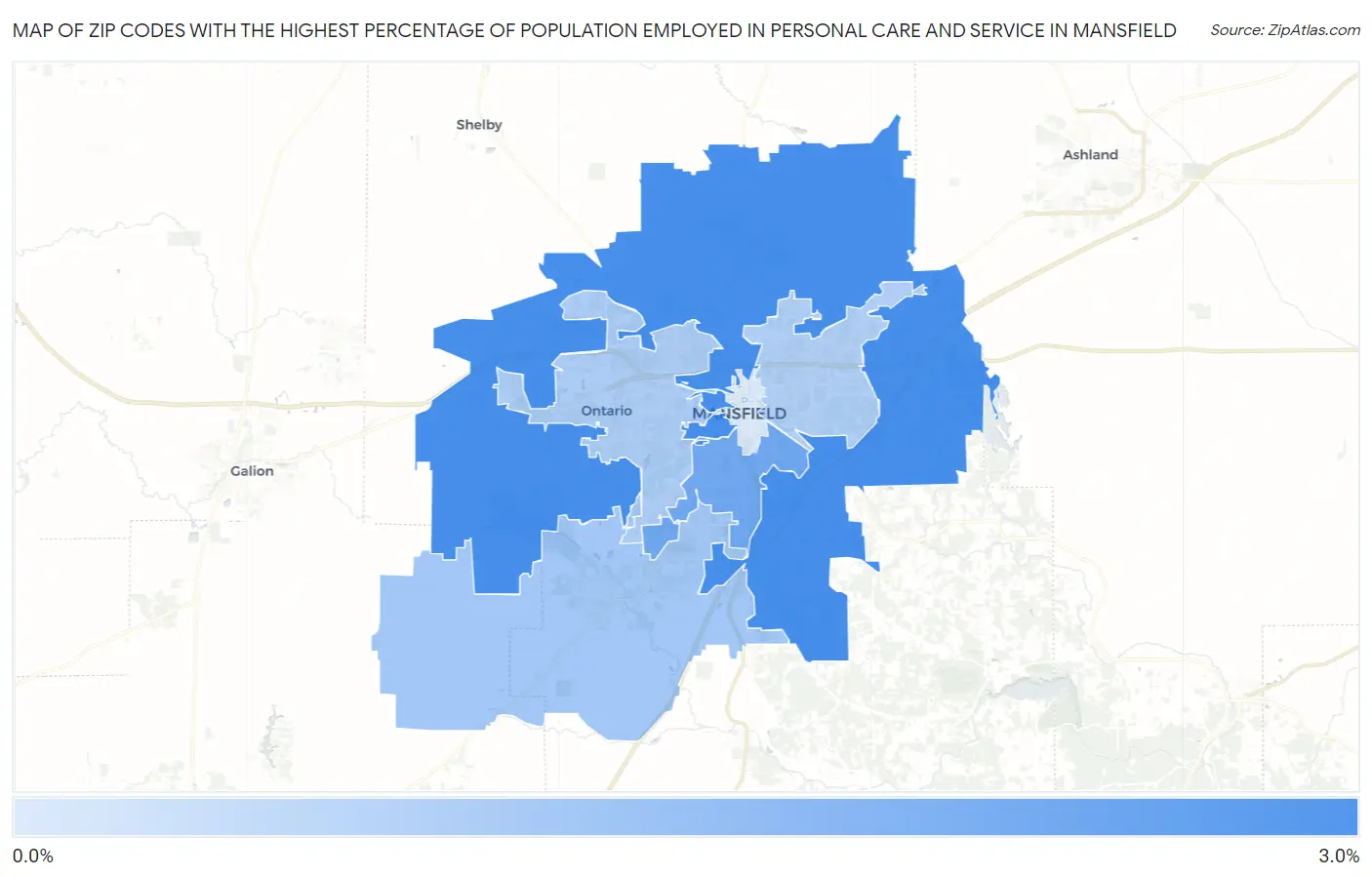 Zip Codes with the Highest Percentage of Population Employed in Personal Care and Service in Mansfield Map