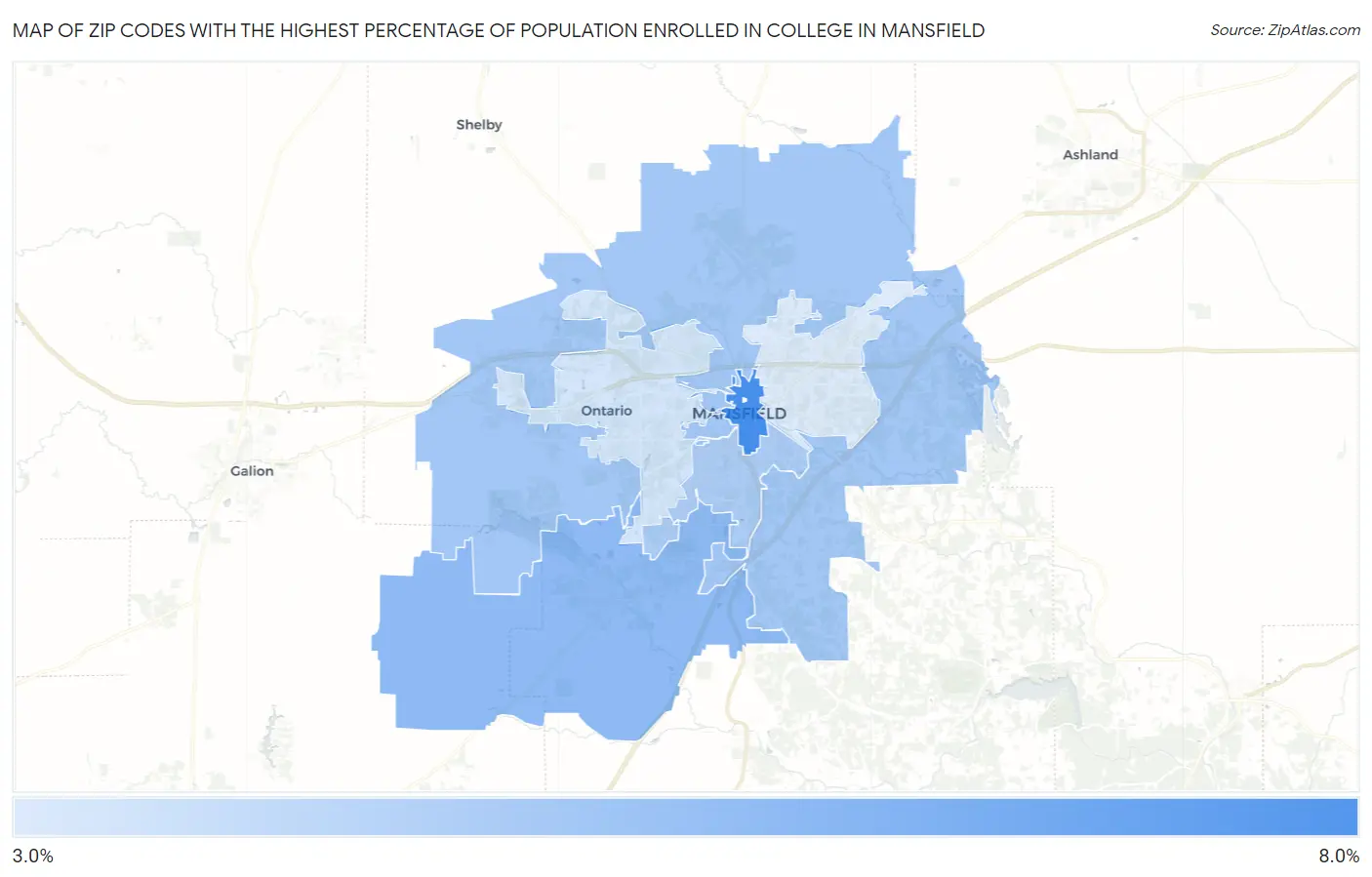 Zip Codes with the Highest Percentage of Population Enrolled in College in Mansfield Map
