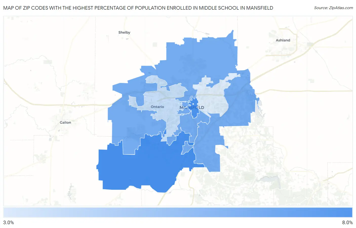 Zip Codes with the Highest Percentage of Population Enrolled in Middle School in Mansfield Map