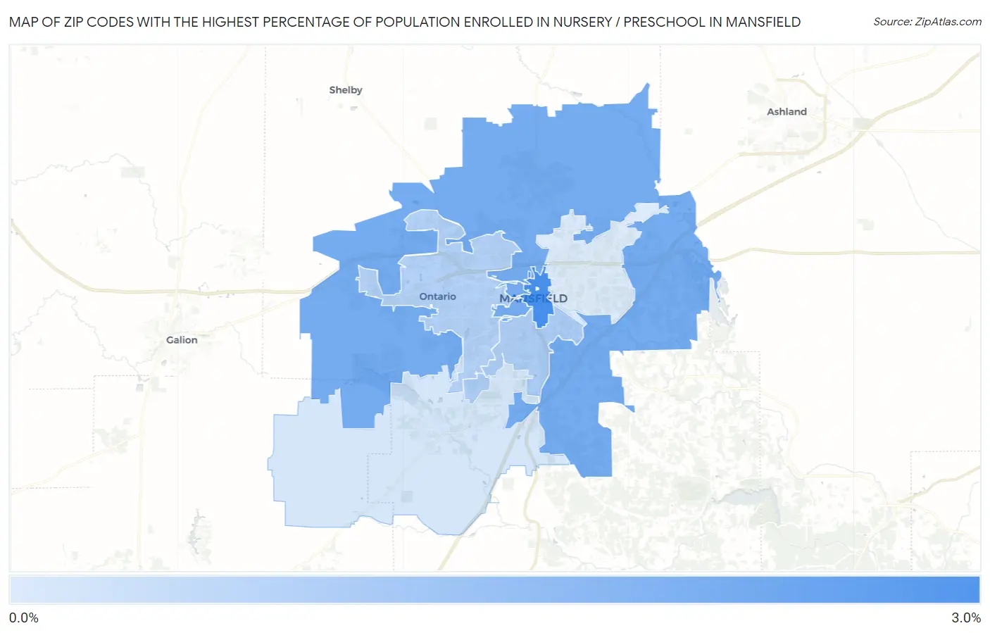 Zip Codes with the Highest Percentage of Population Enrolled in Nursery / Preschool in Mansfield Map