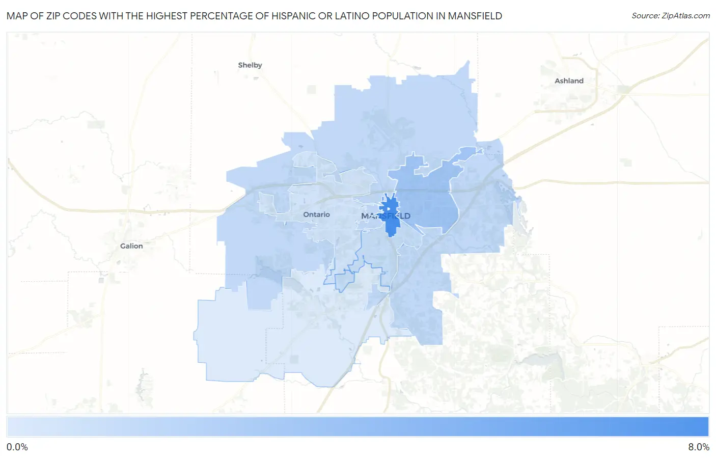 Zip Codes with the Highest Percentage of Hispanic or Latino Population in Mansfield Map