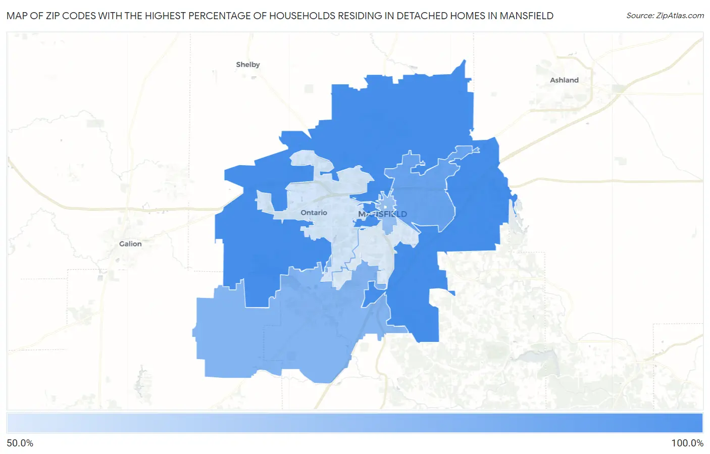 Zip Codes with the Highest Percentage of Households Residing in Detached Homes in Mansfield Map