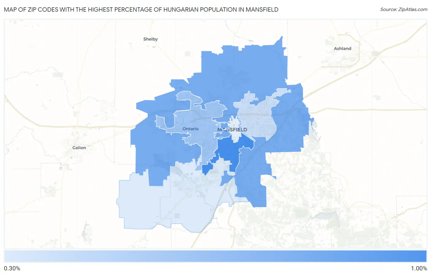 Zip Codes with the Highest Percentage of Hungarian Population in Mansfield Map
