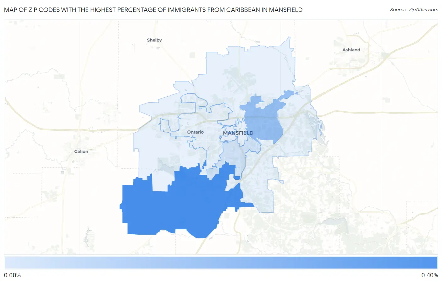 Zip Codes with the Highest Percentage of Immigrants from Caribbean in Mansfield Map