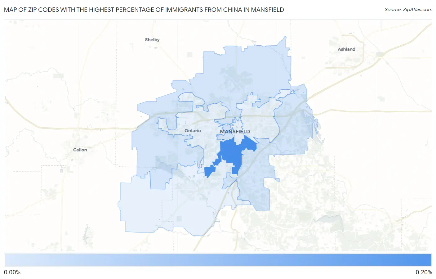 Zip Codes with the Highest Percentage of Immigrants from China in Mansfield Map