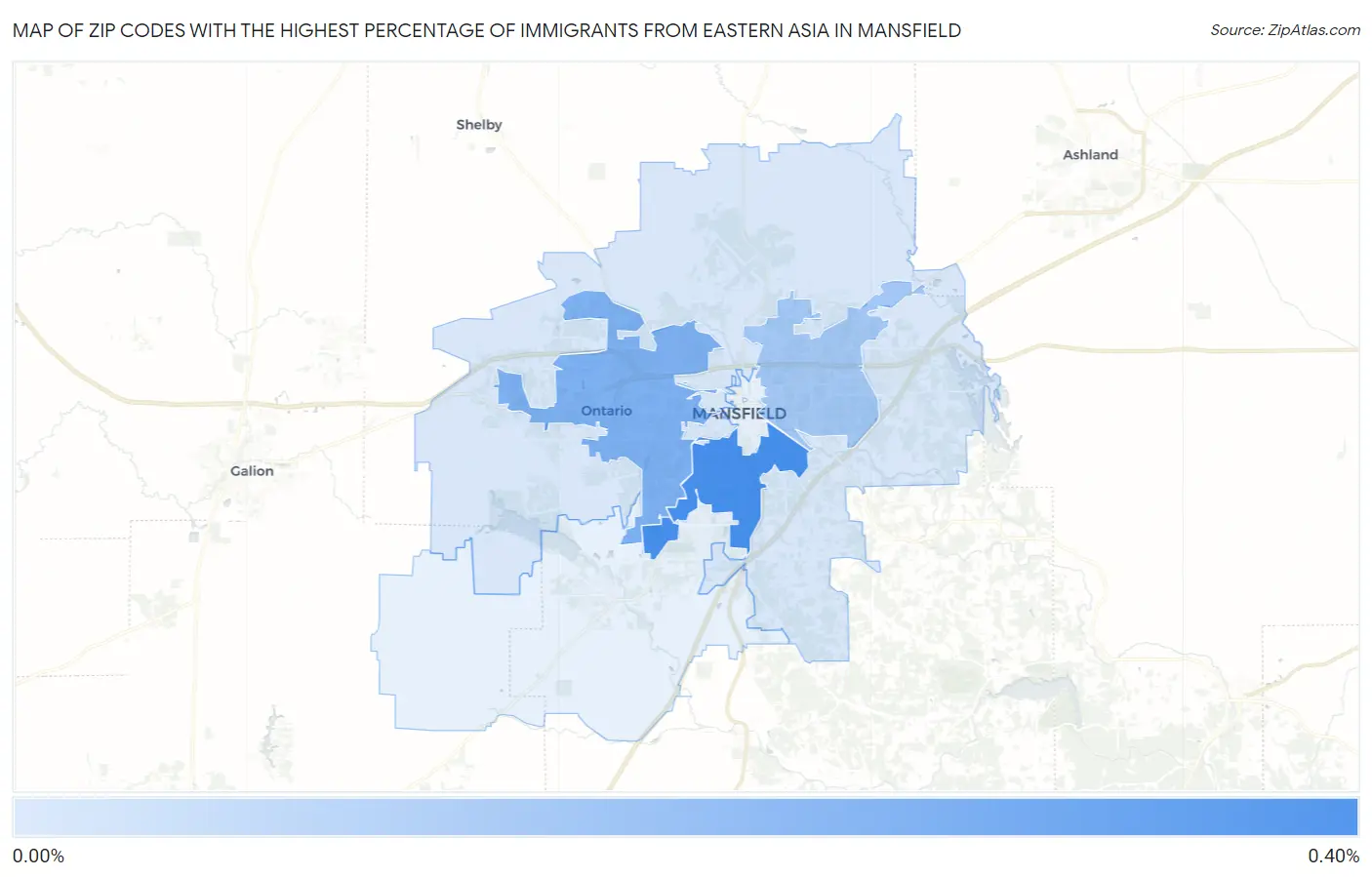 Zip Codes with the Highest Percentage of Immigrants from Eastern Asia in Mansfield Map