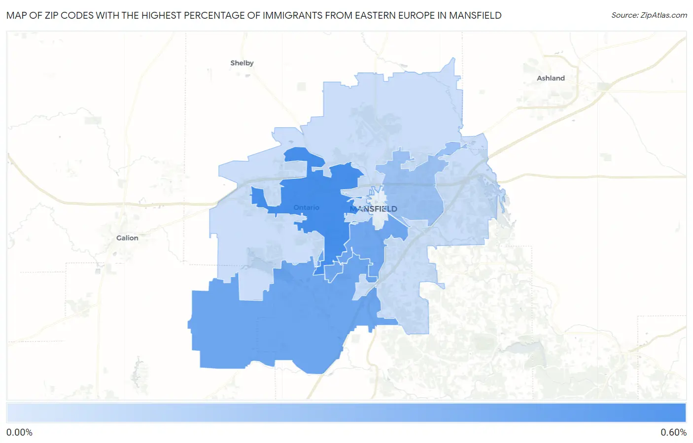 Zip Codes with the Highest Percentage of Immigrants from Eastern Europe in Mansfield Map