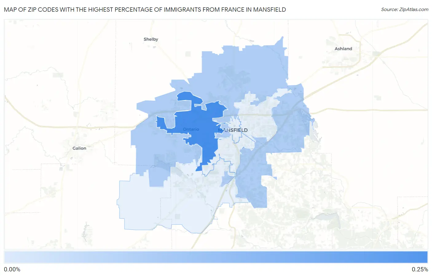 Zip Codes with the Highest Percentage of Immigrants from France in Mansfield Map