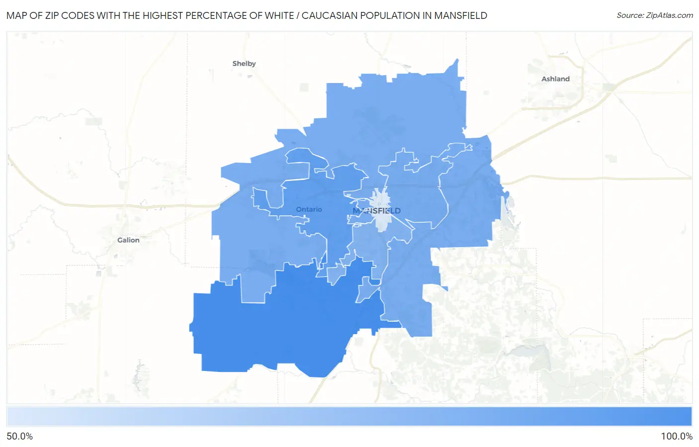Zip Codes with the Highest Percentage of White / Caucasian Population in Mansfield Map
