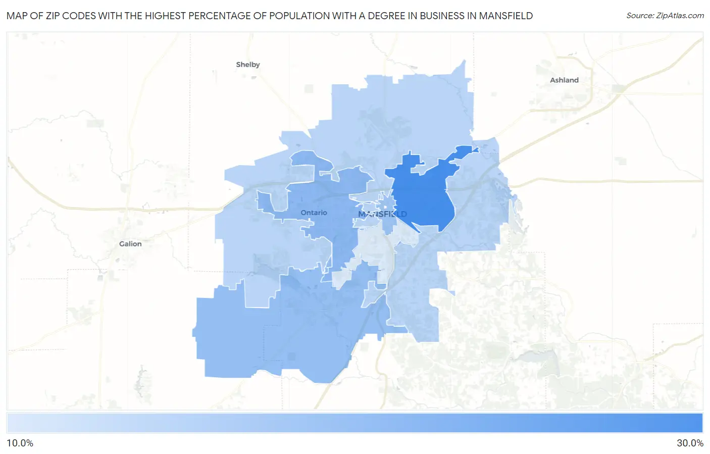 Zip Codes with the Highest Percentage of Population with a Degree in Business in Mansfield Map