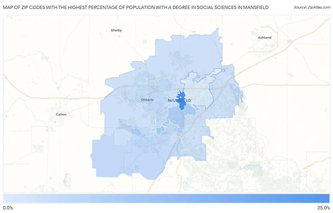 Zip Codes with the Highest Percentage of Population with a Degree in Social Sciences in Mansfield Map