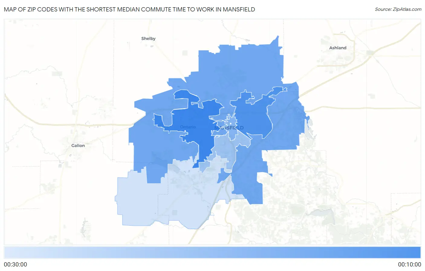 Zip Codes with the Shortest Median Commute Time to Work in Mansfield Map