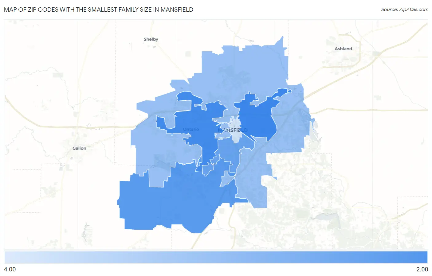 Zip Codes with the Smallest Family Size in Mansfield Map