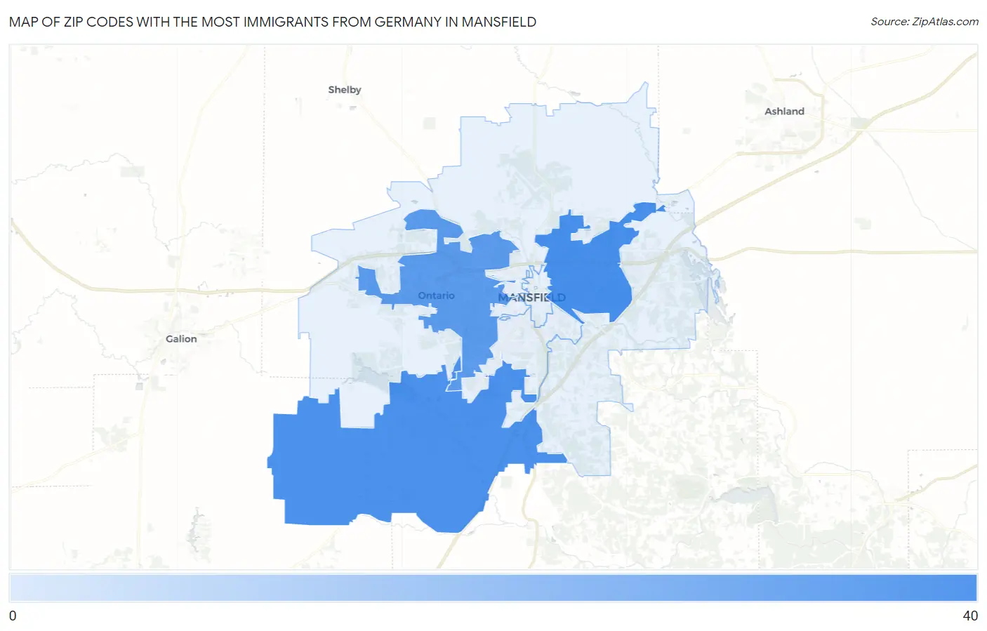 Zip Codes with the Most Immigrants from Germany in Mansfield Map