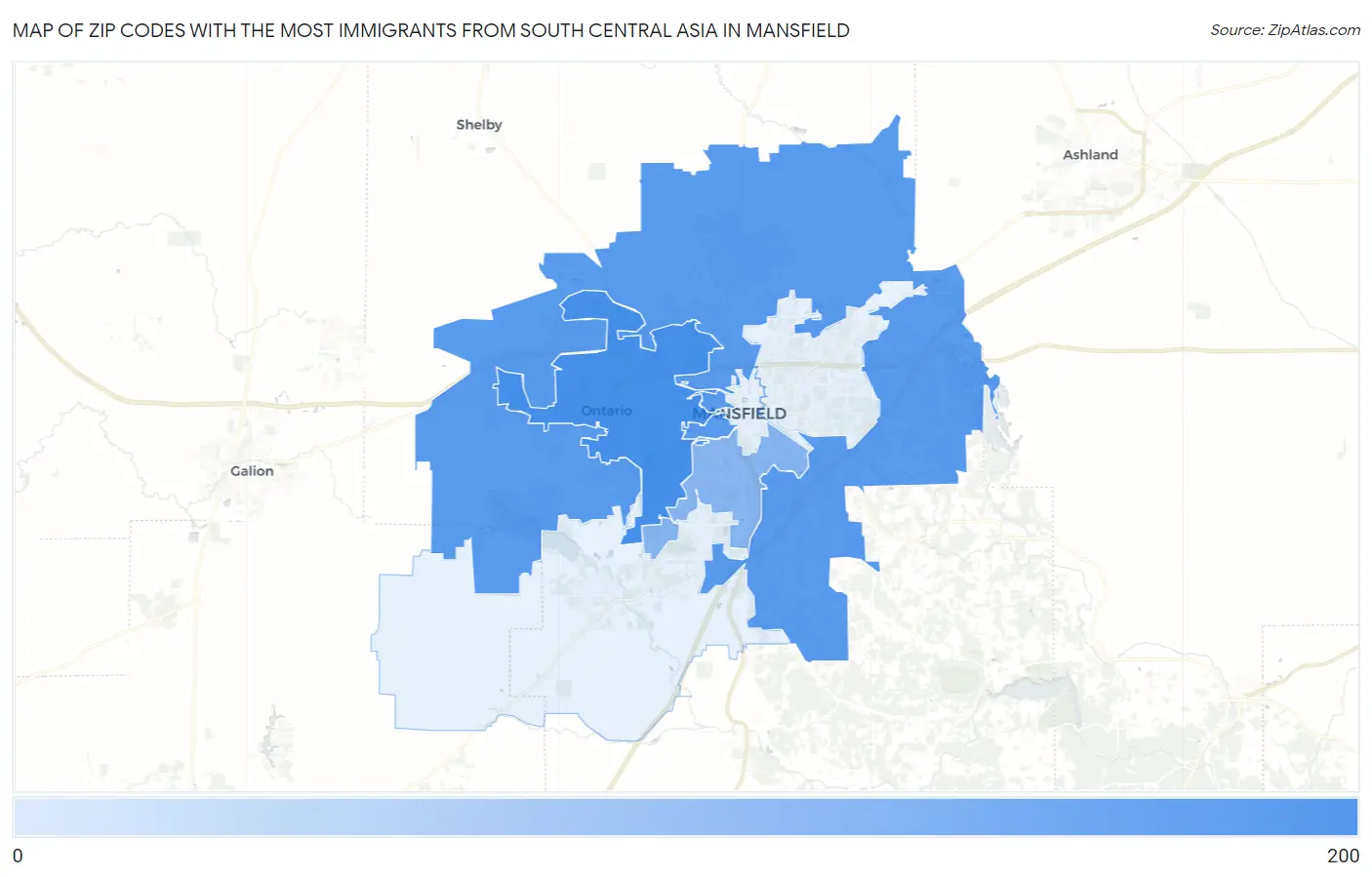 Zip Codes with the Most Immigrants from South Central Asia in Mansfield Map