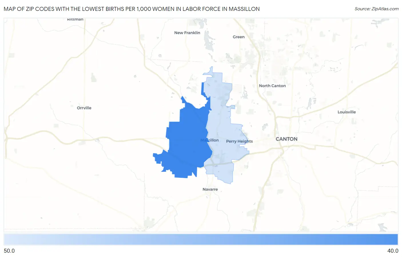 Zip Codes with the Lowest Births per 1,000 Women in Labor Force in Massillon Map