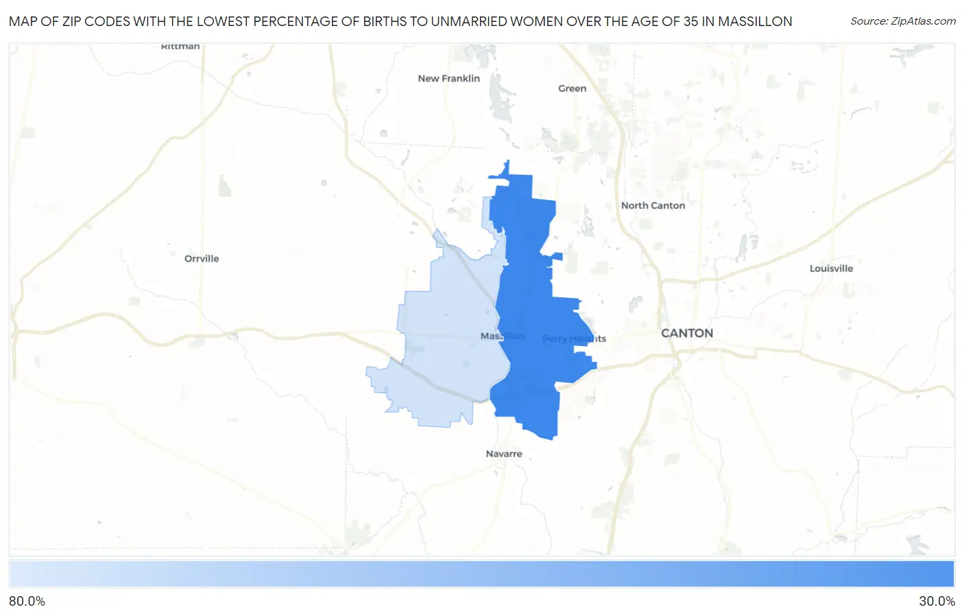 Zip Codes with the Lowest Percentage of Births to Unmarried Women over the Age of 35 in Massillon Map