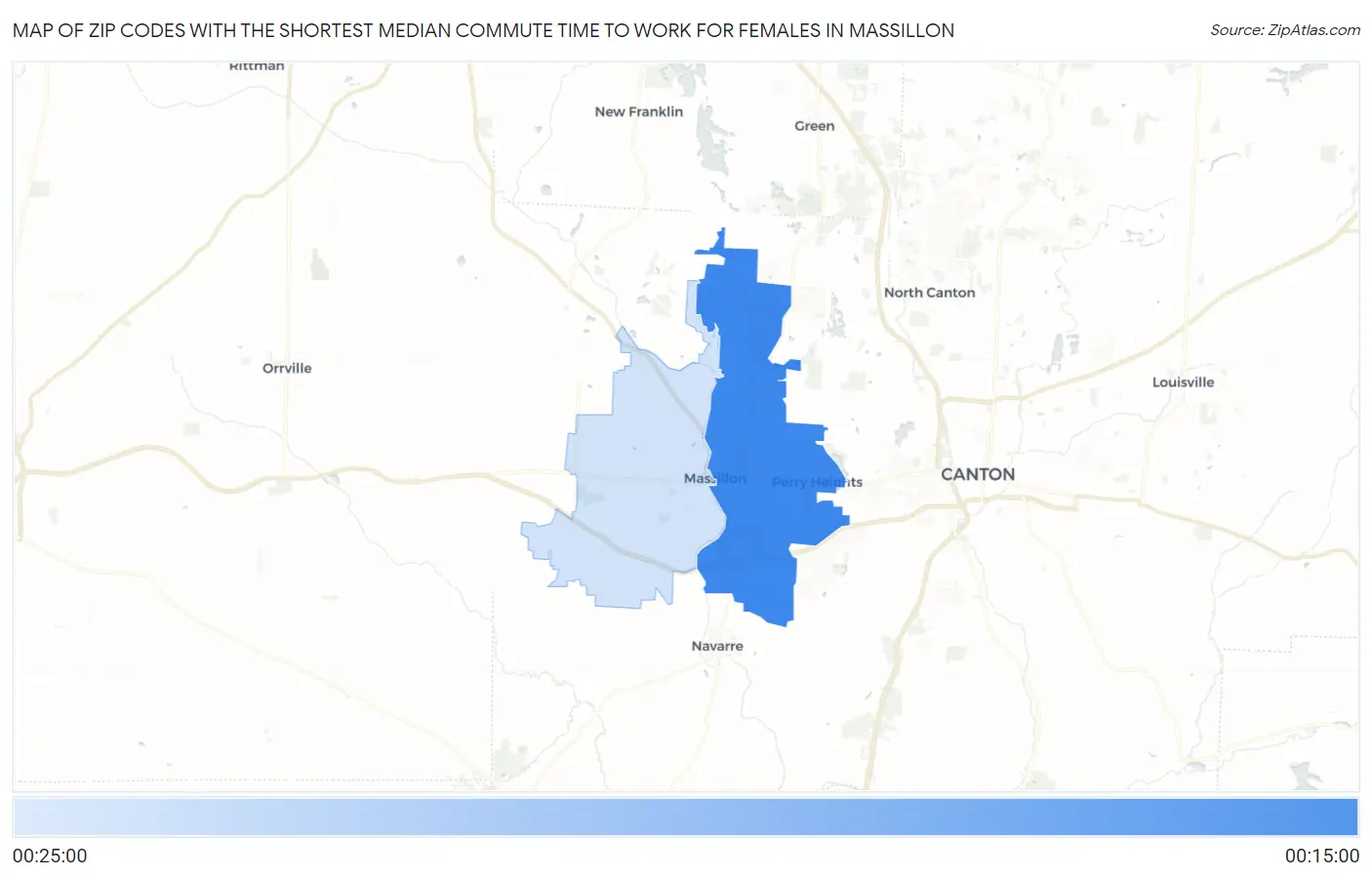 Zip Codes with the Shortest Median Commute Time to Work for Females in Massillon Map
