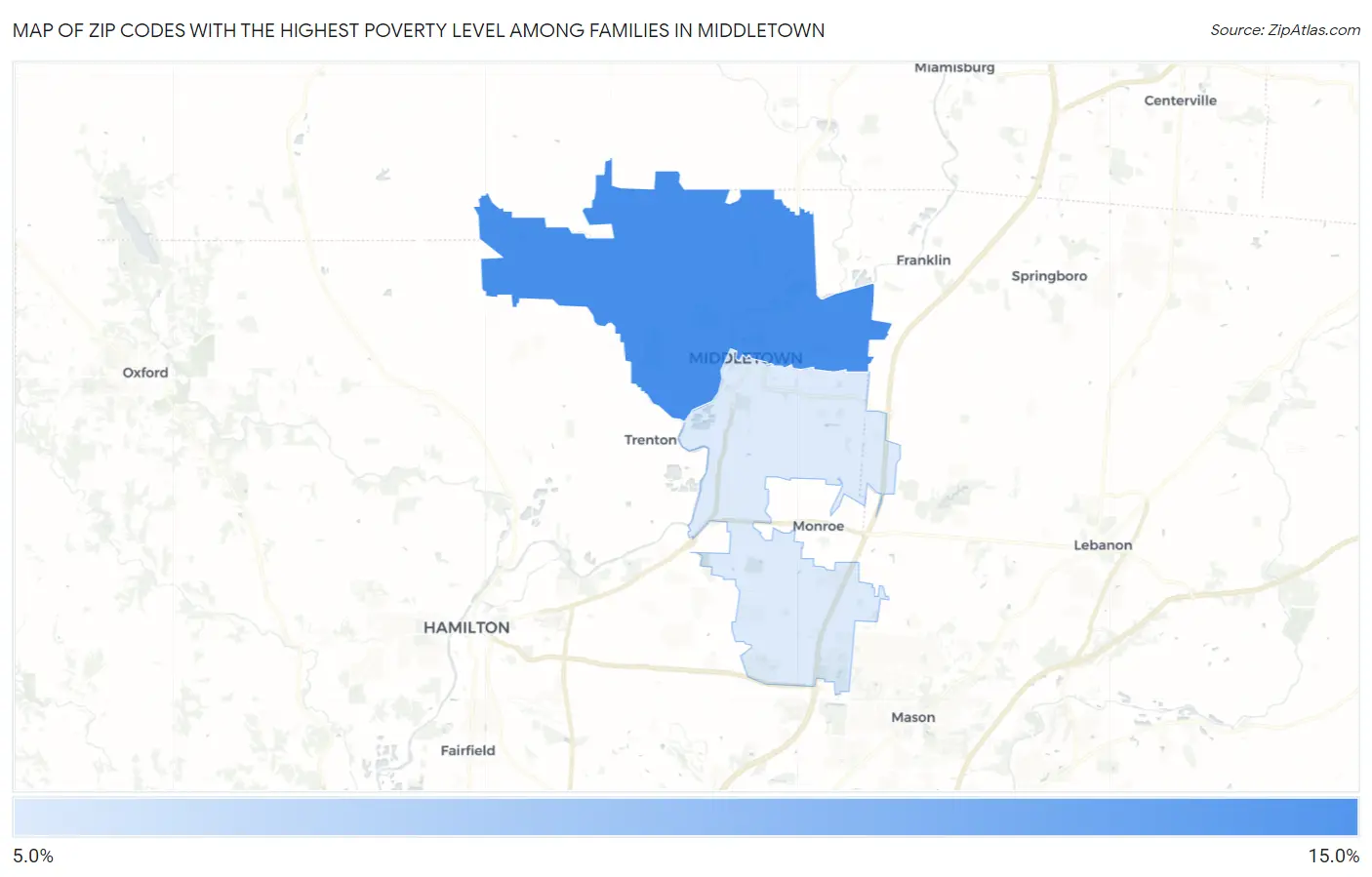 Zip Codes with the Highest Poverty Level Among Families in Middletown Map