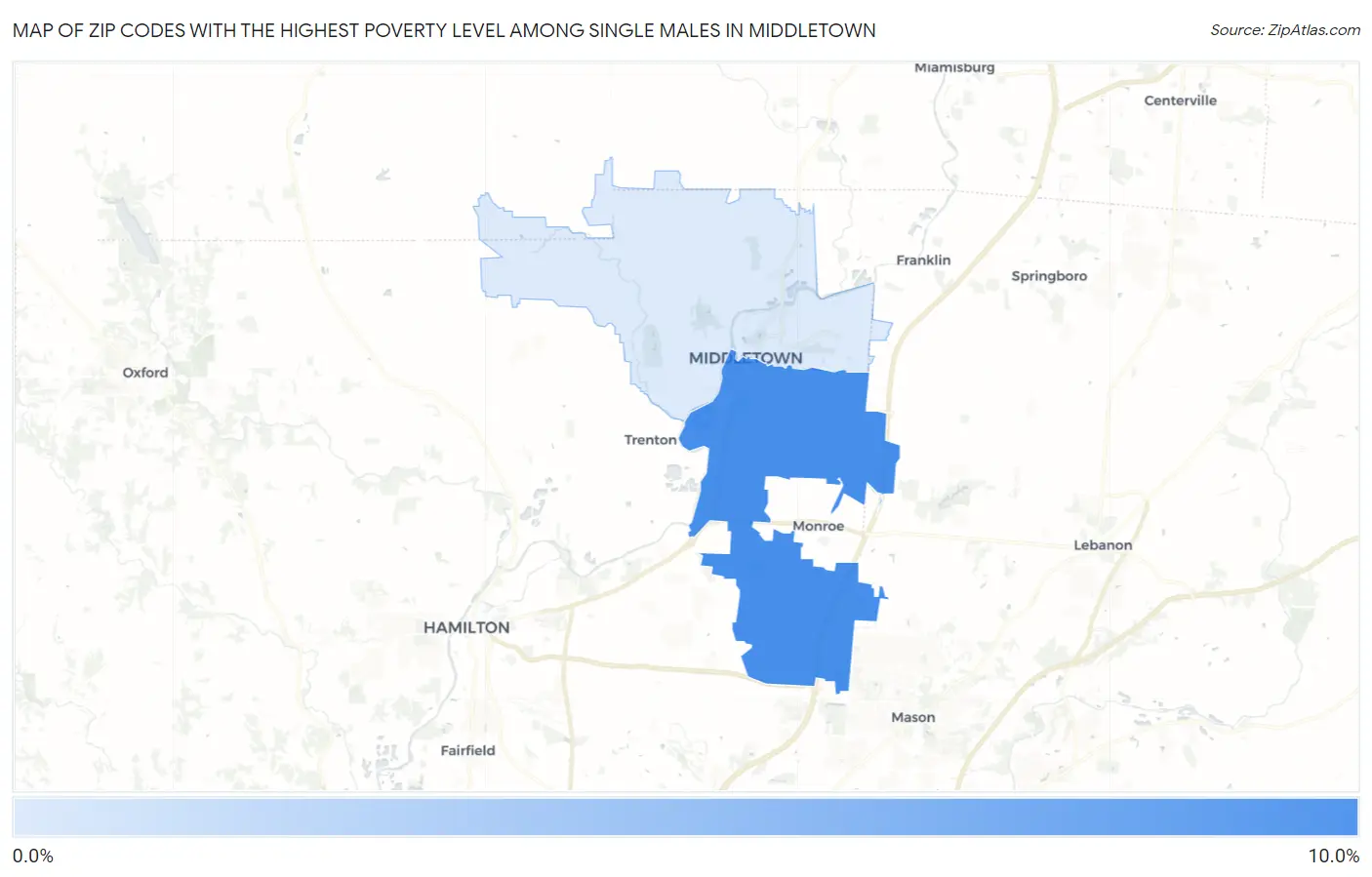 Zip Codes with the Highest Poverty Level Among Single Males in Middletown Map