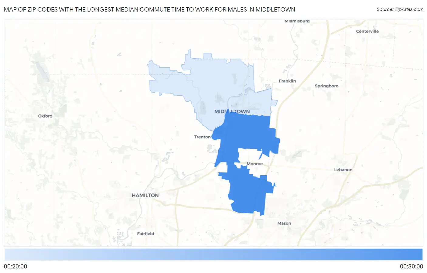 Zip Codes with the Longest Median Commute Time to Work for Males in Middletown Map