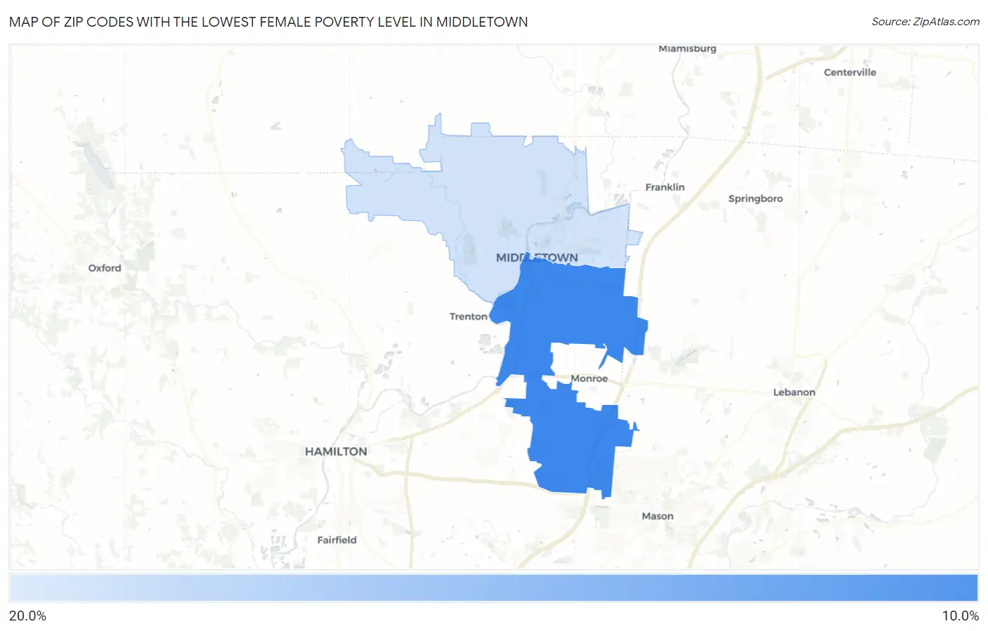 Zip Codes with the Lowest Female Poverty Level in Middletown Map