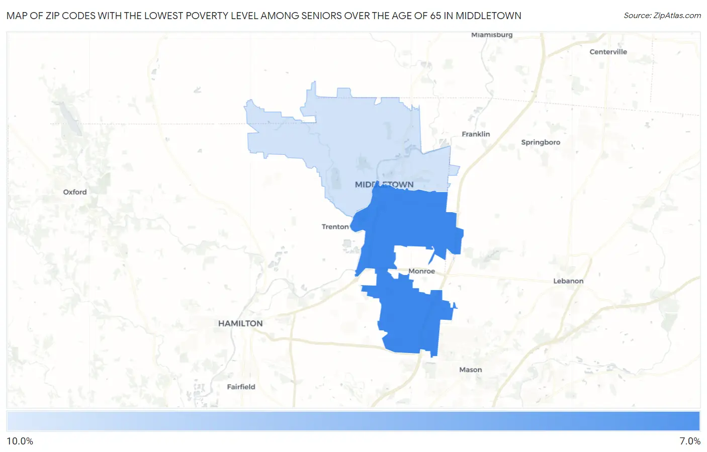 Zip Codes with the Lowest Poverty Level Among Seniors Over the Age of 65 in Middletown Map
