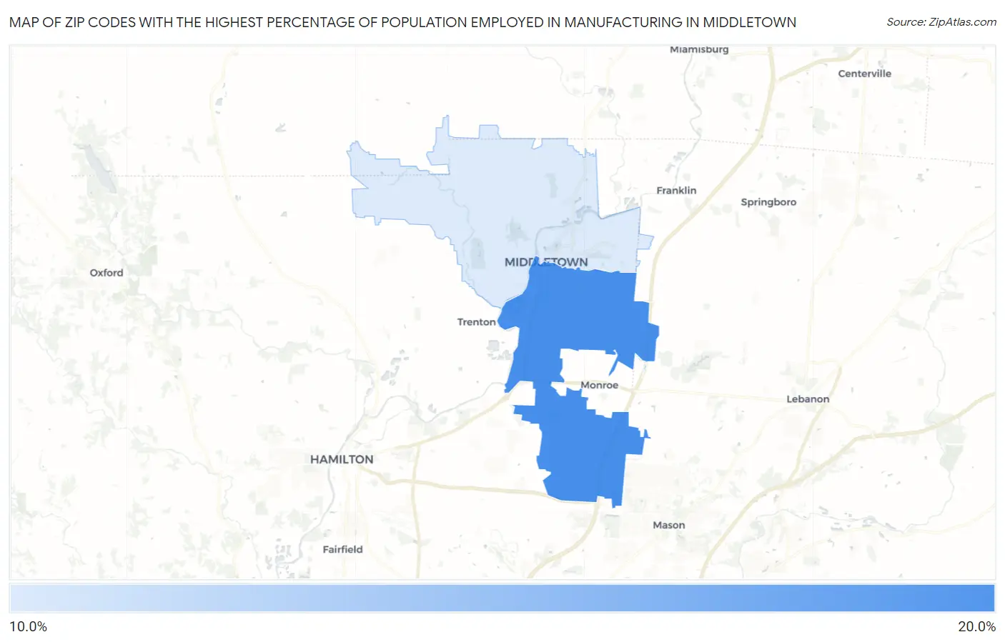 Zip Codes with the Highest Percentage of Population Employed in Manufacturing in Middletown Map