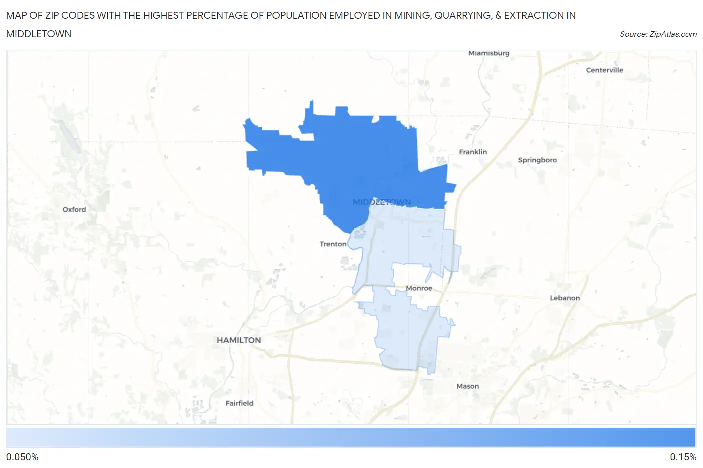 Zip Codes with the Highest Percentage of Population Employed in Mining, Quarrying, & Extraction in Middletown Map