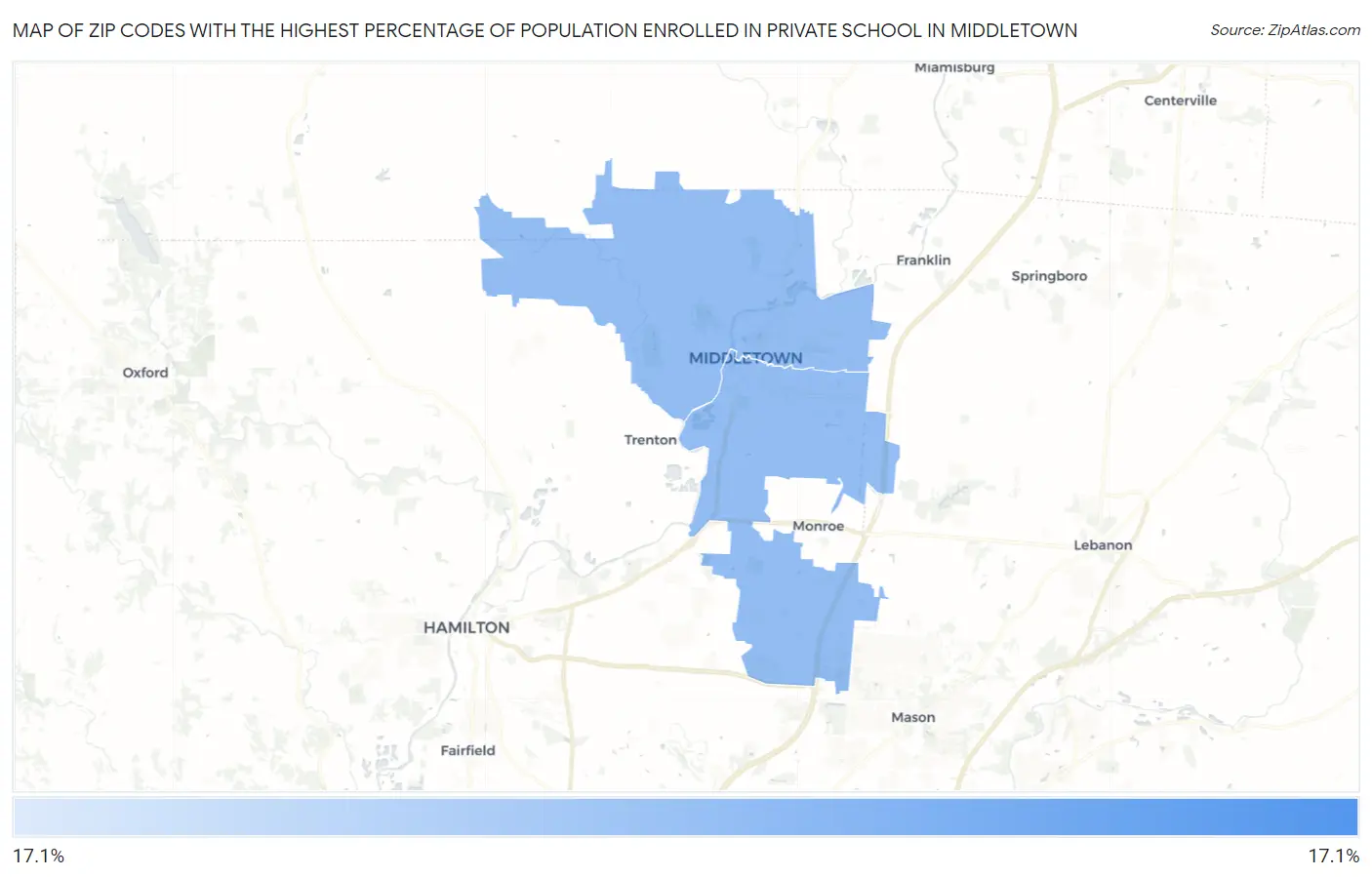 Zip Codes with the Highest Percentage of Population Enrolled in Private School in Middletown Map