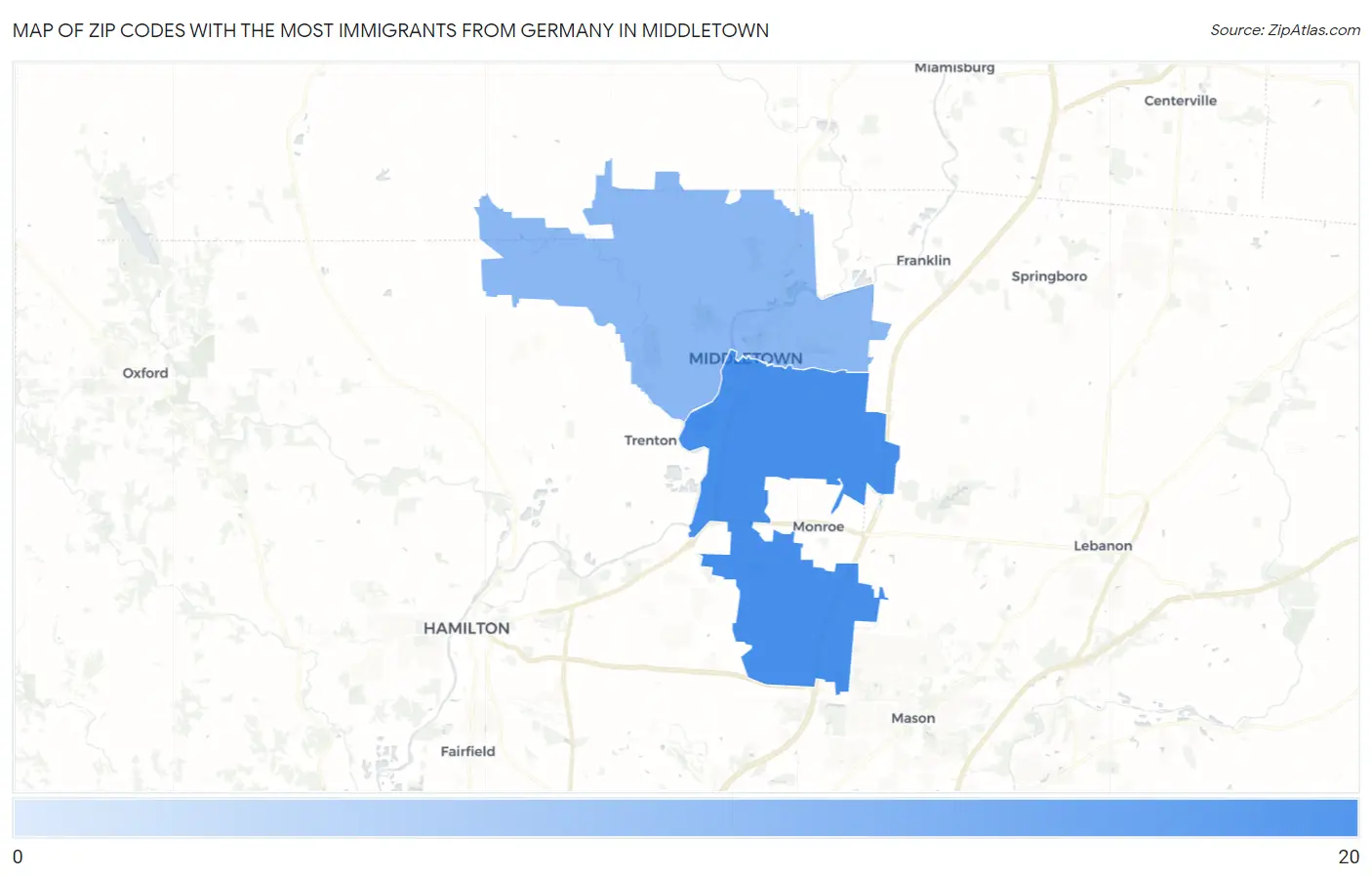 Zip Codes with the Most Immigrants from Germany in Middletown Map