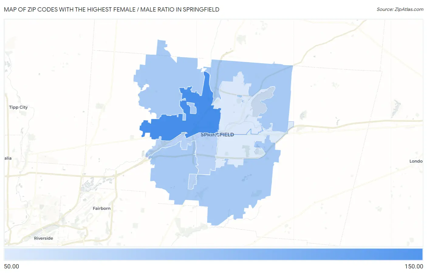 Zip Codes with the Highest Female / Male Ratio in Springfield Map
