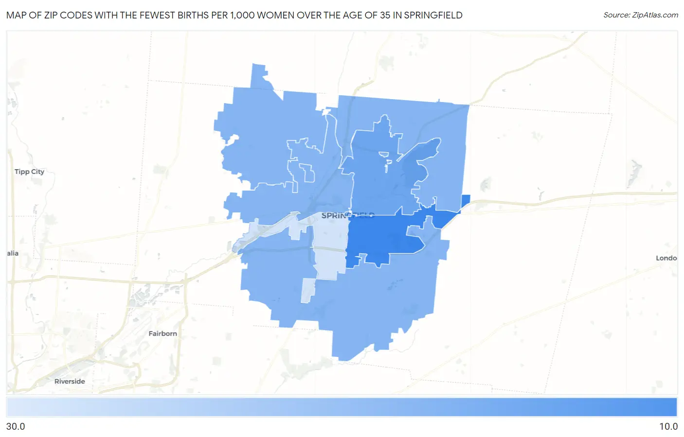 Zip Codes with the Fewest Births per 1,000 Women Over the Age of 35 in Springfield Map