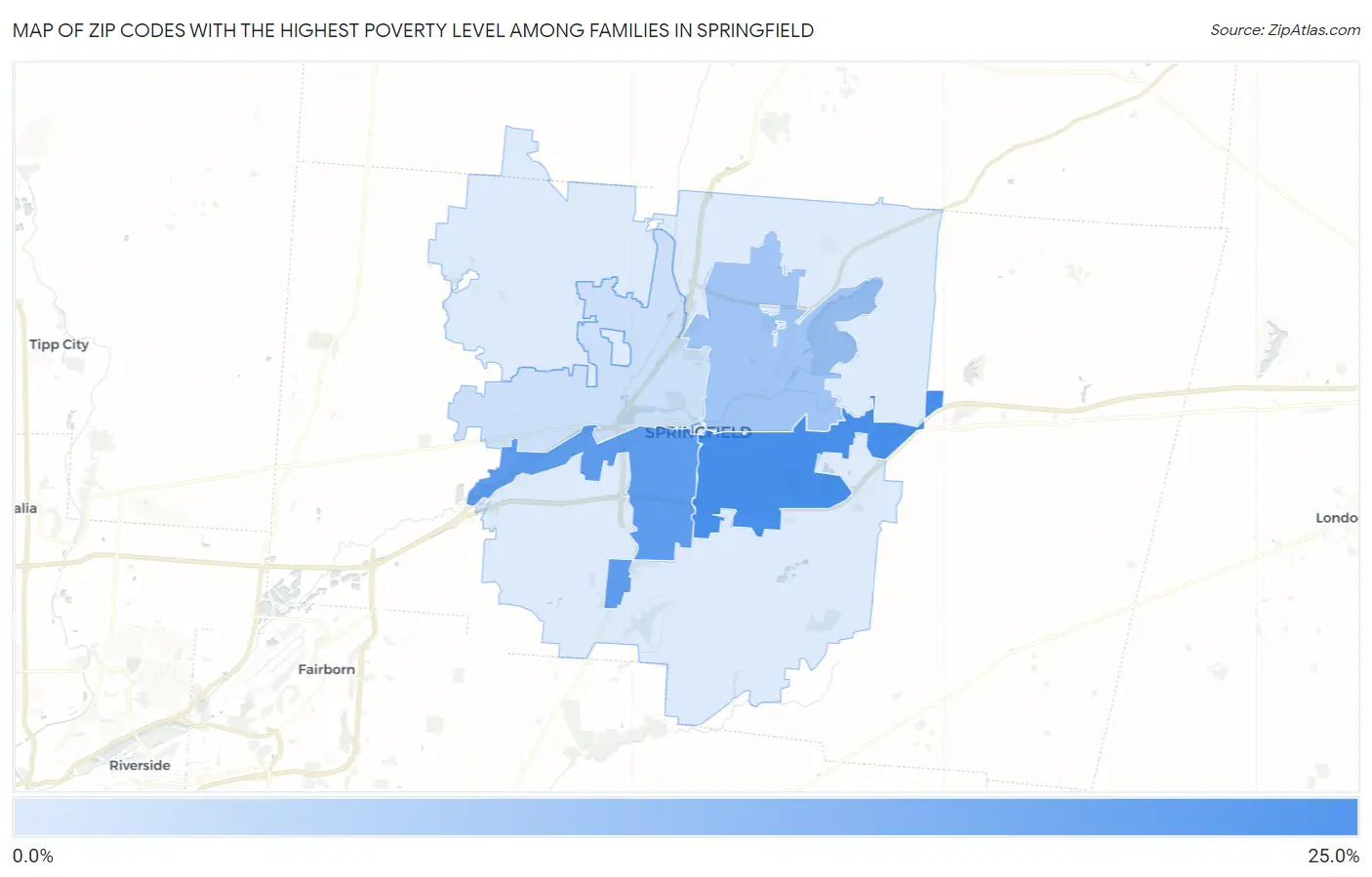 Zip Codes with the Highest Poverty Level Among Families in Springfield Map
