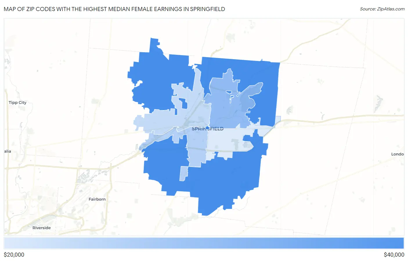 Zip Codes with the Highest Median Female Earnings in Springfield Map