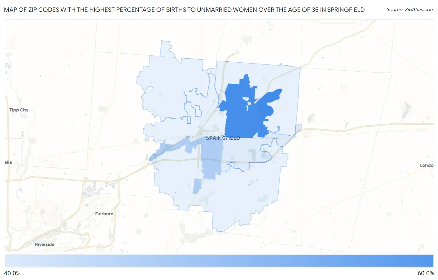 Zip Codes with the Highest Percentage of Births to Unmarried Women over the Age of 35 in Springfield Map