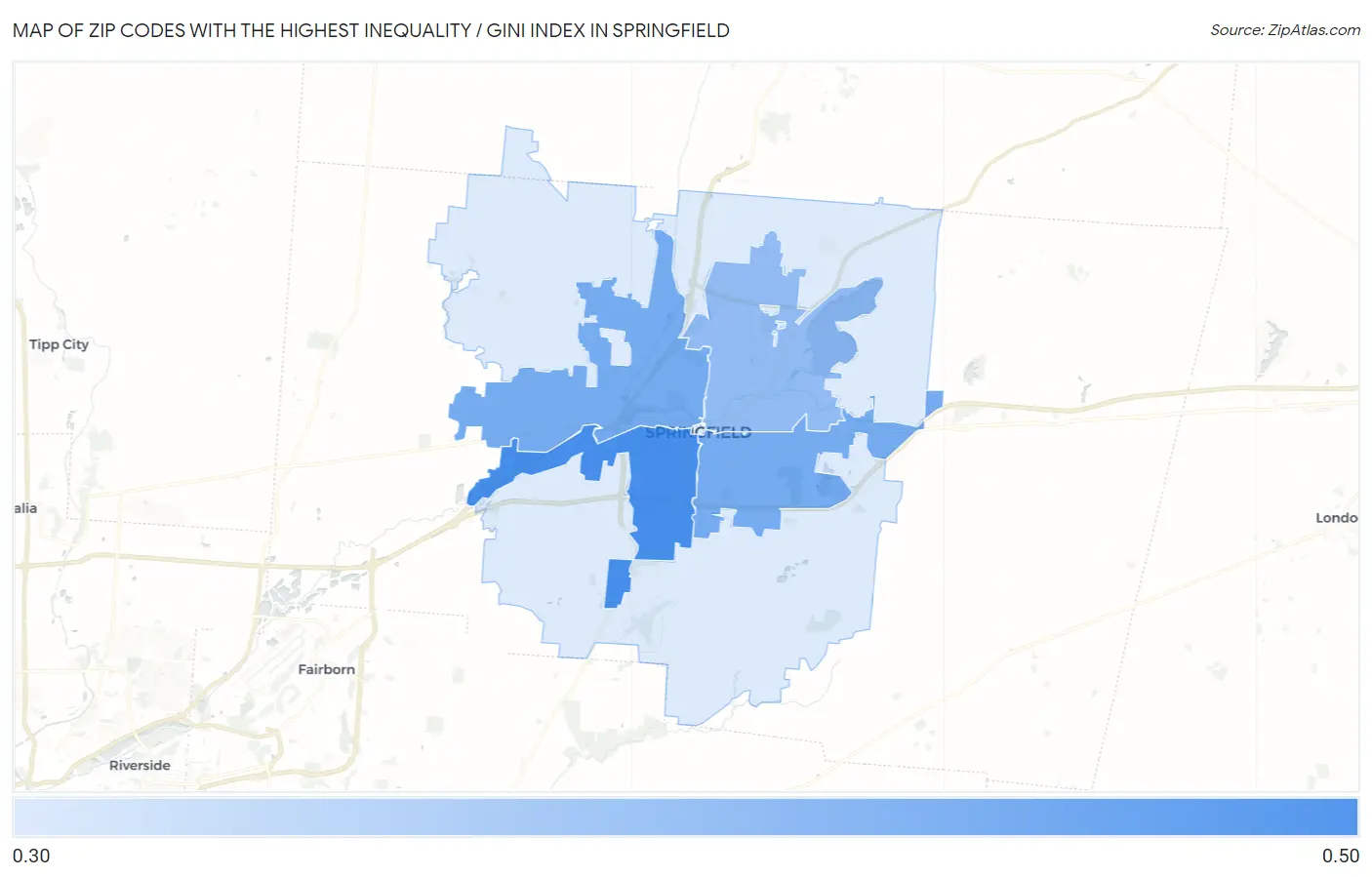 Zip Codes with the Highest Inequality / Gini Index in Springfield Map