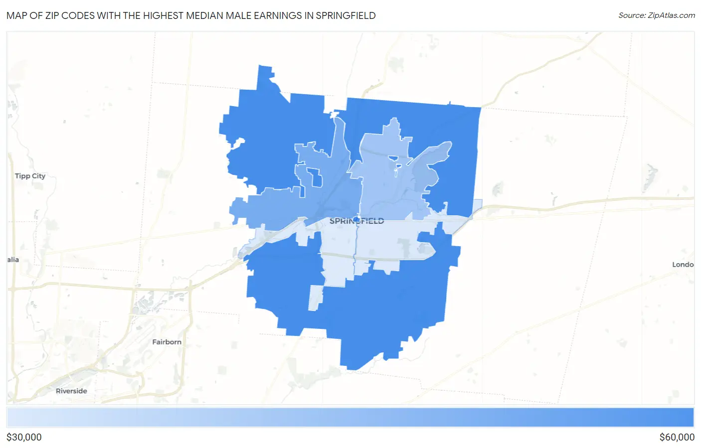 Zip Codes with the Highest Median Male Earnings in Springfield Map