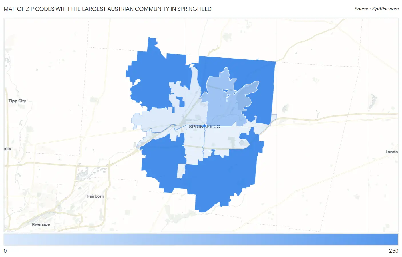 Zip Codes with the Largest Austrian Community in Springfield Map