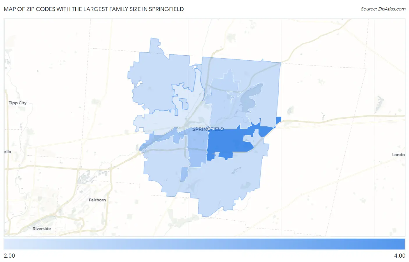 Zip Codes with the Largest Family Size in Springfield Map