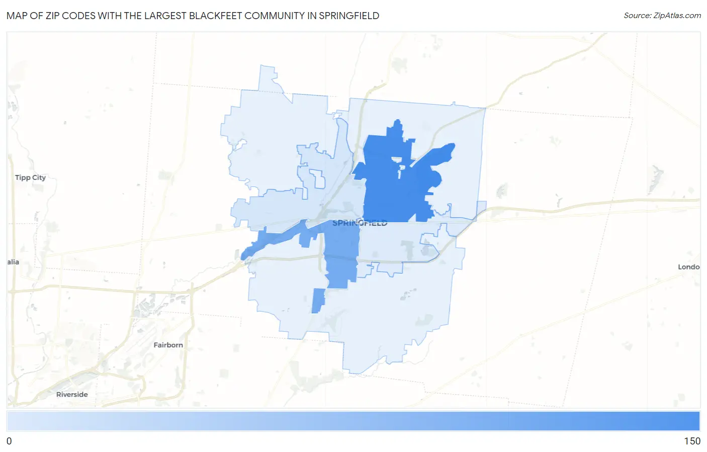 Zip Codes with the Largest Blackfeet Community in Springfield Map