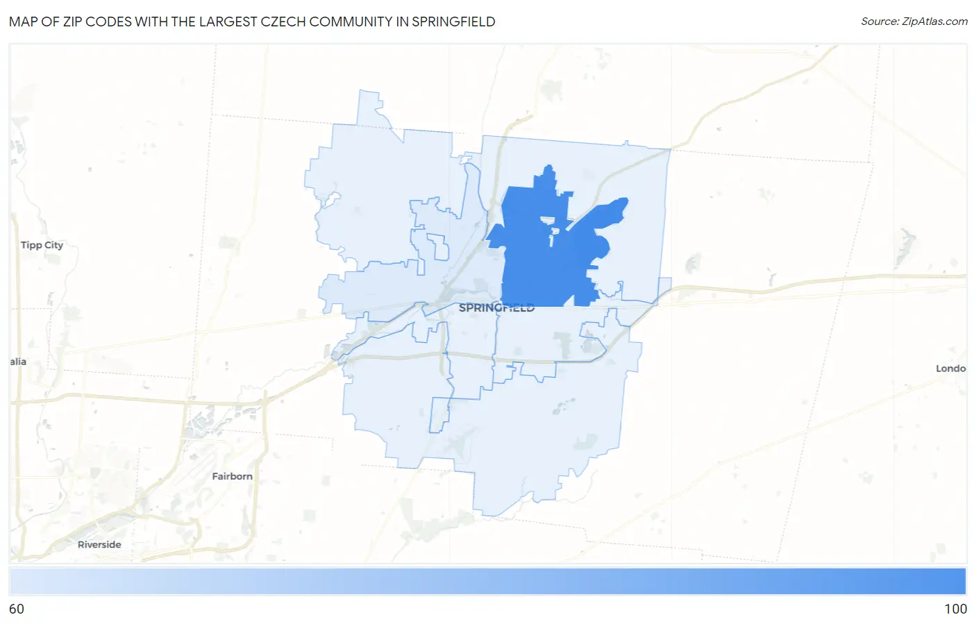 Zip Codes with the Largest Czech Community in Springfield Map