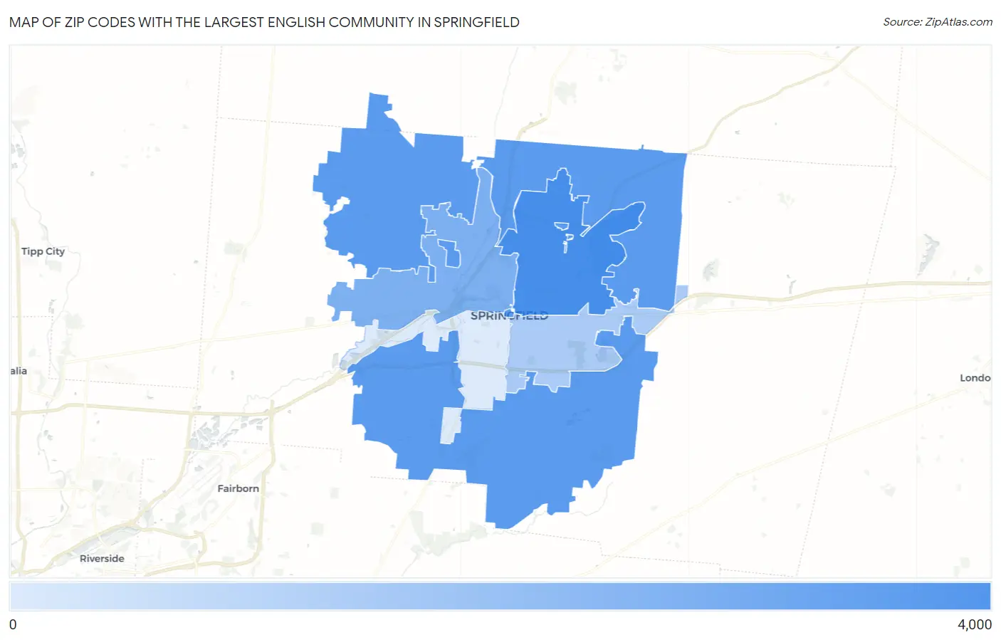 Zip Codes with the Largest English Community in Springfield Map