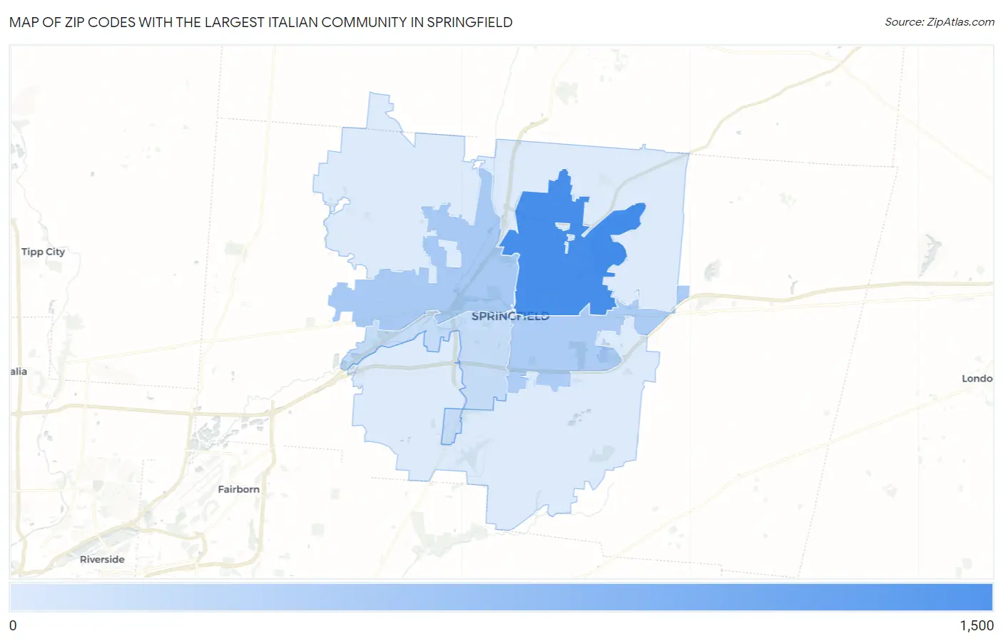 Zip Codes with the Largest Italian Community in Springfield Map