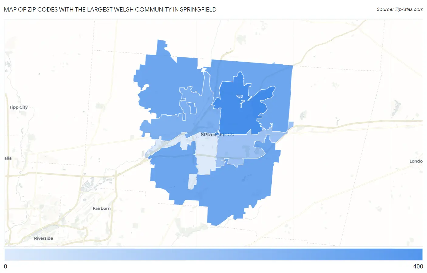 Zip Codes with the Largest Welsh Community in Springfield Map